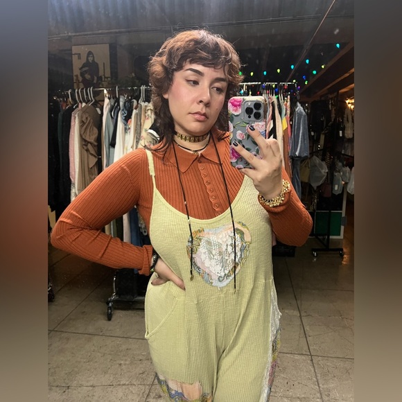 131B. Ribbed Patched Vintage Wash Jumpsuit - Green - Picture 7 of 8